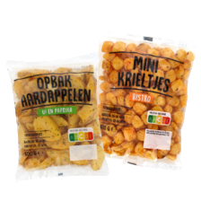 Opbakaardappelen ui en paprika, aardappelpartjes met schil of mini krieltjes bistro